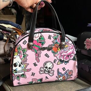 Ed Hardy Pink Y2K Thermal Lunch Tote Hot or Cold Dual Straps Skulls Butterflies